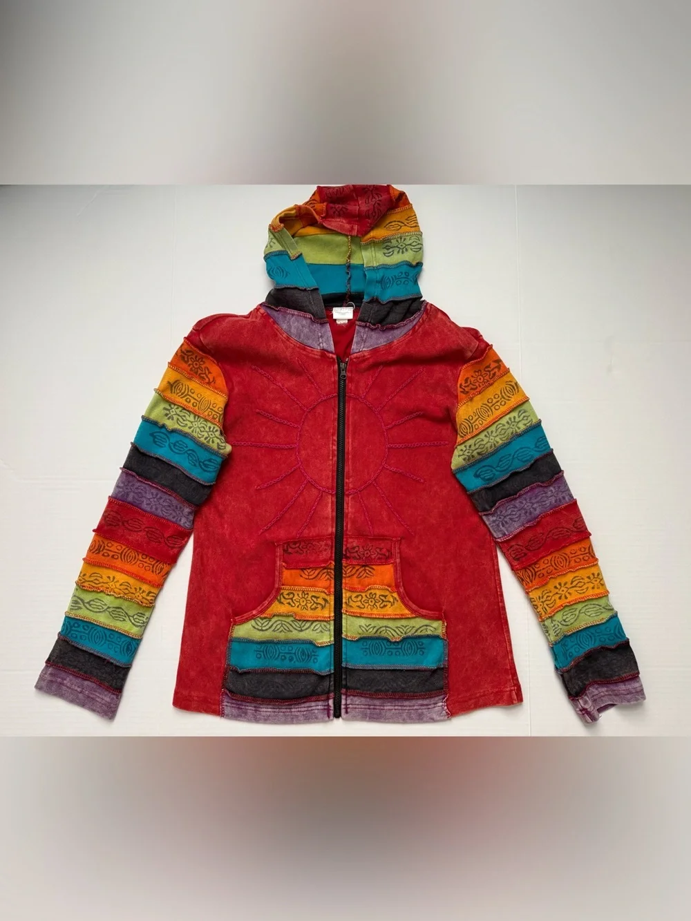 Greater Good Network Rainbow Jacket Hooded Full Zip Boho Hippie L/XL